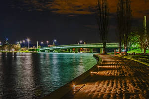 夜晚，一座發光的綠色橋樑橫跨平靜的河流，伴隨著星空和照亮的小徑。