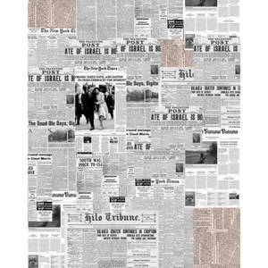 復古報紙拼貼，包含政治、自然和名人的頭條新聞。