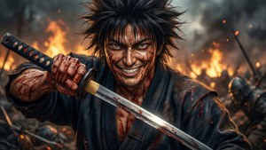 一名微笑的血跡斑斑武士戰士在燃燒的戰場上持劍。