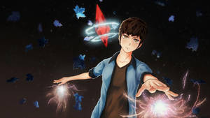動漫男孩在夜空中召喚發光魔法，楓葉漂浮