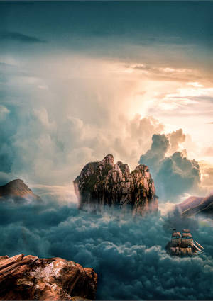一艘帆船在雲海中航行，山峰聳立其上。