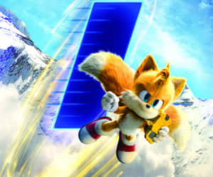 Fox McCloud 飛過雪山，手持黃色裝置。