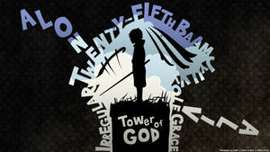動畫角色剪影在 Tower of God 上，手持劍和披風，背景深色。
