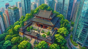 香港廟宇藏身於大自然之中，四周環繞玻璃摩天大樓的空中風格化插畫——夢幻而鮮豔。