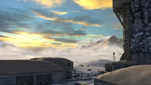 夕陽下，白雪覆蓋的山谷中的未來主義建築。