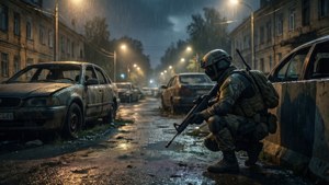 雨夜都市街道上，廢棄汽車和閃爍燈光中的士兵。