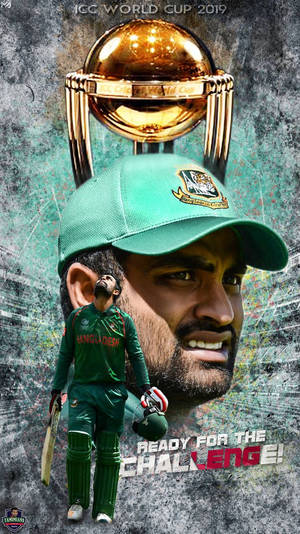 孟加拉板球運動員身穿綠色制服，在ICC世界盃獎盃下持球棒。 — 巴基斯坦板球 壁紙