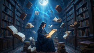 穿長袍的人在魔法圖書館閱讀卷軸，有漂浮的書本和月光。
