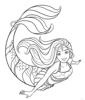 一條微笑的美人魚，長髮和帶圖案的尾巴，黑白線條藝術。