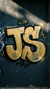 在深色牆壁上，帶有陽光和陰影的發光金色塗鴉字母JS。
