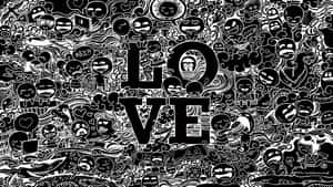 黑白塗鴉藝術，卡通面孔圍繞LOVE字樣旋轉。 — 可愛桌面動態圖 壁紙