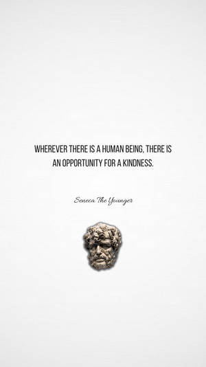 小塞內卡（Seneca the Younger）的石像半身像，白色背景上附有關於善良的名言。