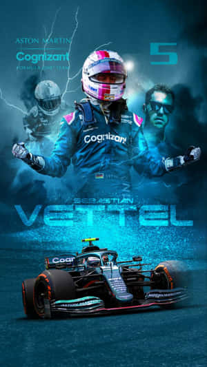 F1車手Sebastian Vettel穿著賽車裝備站在他的Aston Martin Cognizant賽車上方，帶有閃電效果。 — 汽車 壁紙