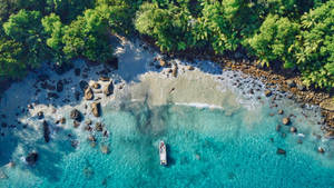 一艘小船漂浮在靠近岩石熱帶海灘的碧綠海水中，海灘上有棕櫚樹。