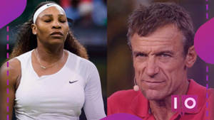 Serena Williams 與一名穿紅衫男子在紫色圖形元素下進行訪問。 — 網球 壁紙