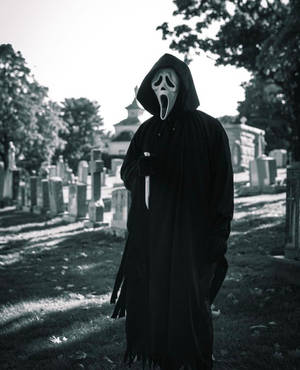 Ghostface在墓園中於明亮陽光下持刀。