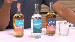 三瓶Jaja龍舌蘭酒瓶，帶有彩色沙漠標籤，以及一杯冰塊在白色桌子上。