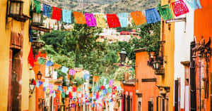 色彩繽紛的 papel picado 橫幅懸掛在節日街道的殖民建築之間。