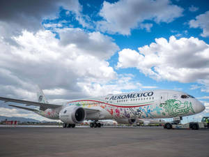 墨西哥航空飛機帶有文化藝術品，停在機場停機坪上，天空多雲。