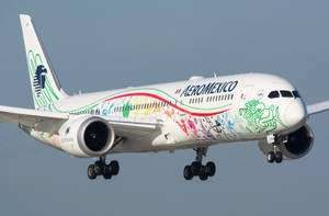 Aeromexico 飛機帶有色彩繽紛的文化藝術，在藍天下著陸。 — 飛機 壁紙