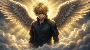 天使般的年輕男子，金髮、巨大白色翅膀，站在雲端之上，身後有燦爛的太陽。 — 夜神月 壁紙