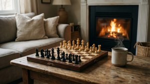 舒適客廳中壁爐旁木桌上的棋盤和冒著熱氣的馬克杯。