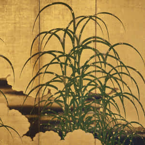 傳統日本屏風畫，以金箔為背景，描繪帶露珠的蘆葦。 — 花園牆外 壁紙
