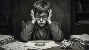 孩子被功課壓得喘不過氣，桌上亂七八糟，還有一張皺紙。