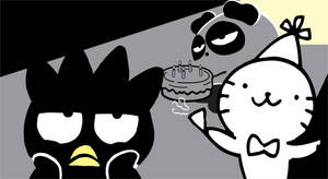 三隻卡通動物用蛋糕慶祝生日。