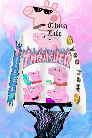 Peppa Pig 角色以惡棍風格出現在連帽衛衣上，帶有火焰和表情符號。