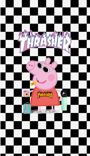 Peppa Pig 戴太陽眼鏡和 Thrasher 襯衫喺格仔背景