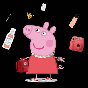 Peppa Pig 穿著紅色連衣裙和格紋鞋，搭配漂浮的生活用品。