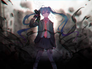 藍髮動漫少女在煙霧彌漫的混亂場景中手持槍支。