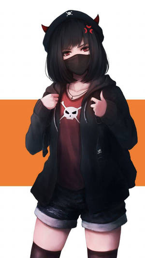 動漫女孩戴著惡魔角和面具，穿著骷髏衫和連帽衫。
