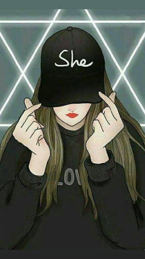 戴著寫有 'She' 的黑色帽子的女孩在霓虹網格前做出手指愛心手勢。 — 星形 壁紙