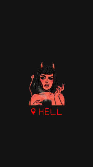紅色魔鬼女人在「HELL」位置圖釘下拿著杯子。