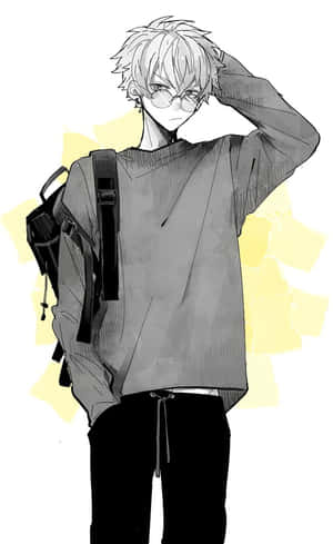 戴眼鏡和背包的動漫男孩在黃色背景上抓頭。