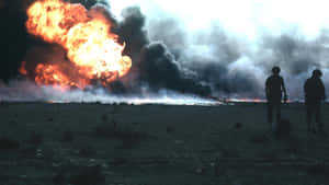 兩名士兵在黑暗田野中觀看大爆炸。