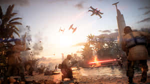 士兵在熱帶海灘上戰鬥，星際戰機在日落時分飛越他們頭頂。