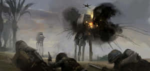 AT-AT步行機喺沙漠戰場爆炸時，士兵蹲喺掩體後面。 — 星際大戰 壁紙