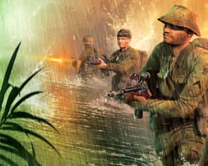 叢林水域中的士兵在日落時的暴雨中開火射擊武器。 — 熱帶海灘 壁紙