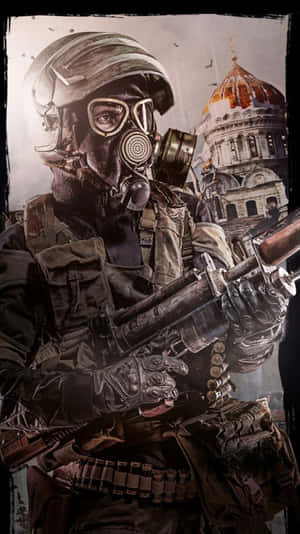 戴防毒面具的士兵在反烏托邦場景中於圓頂大教堂附近持步槍