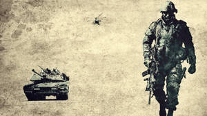 士兵與坦克和直升機在戰鬥場景中，背景有紋理