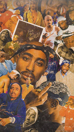 一張Tupac Shakur圖像的拼貼畫，中央有肖像和「Fuck The World」海報。