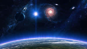 地球彎曲的地平線在繁星點點的背景下，伴隨著一顆明亮的星星、一顆行星和一個螺旋星系，散發著藍色極光的光芒。 — 銀河 壁紙