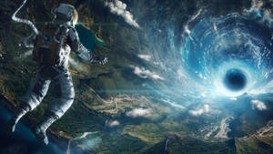太空人在星球上方漂流，天空中有一個旋轉的黑洞。 — 太空 壁紙