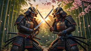 兩個身穿盔甲的武士在夕陽下的竹林裡，櫻花樹下交叉刀劍決鬥。