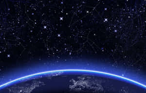 在星空下，城市燈光閃耀的彎曲地球地平線，可見星座。 — 太空 壁紙