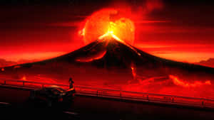 夜晚在跑車旁觀看火山爆發的人