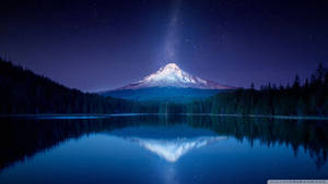 在繁星點點的夜空下，寧靜的湖泊中倒映著白雪覆蓋的山峰。